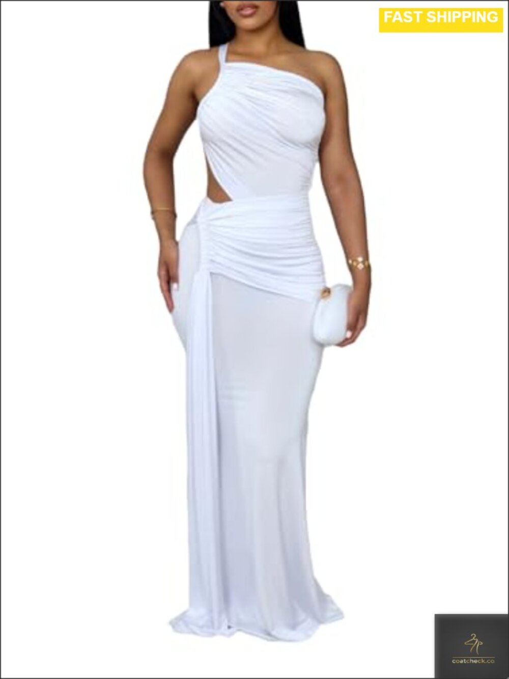 One Shoulder Bodycon Maxi Dress Ruched Cutout Cocktail Evening